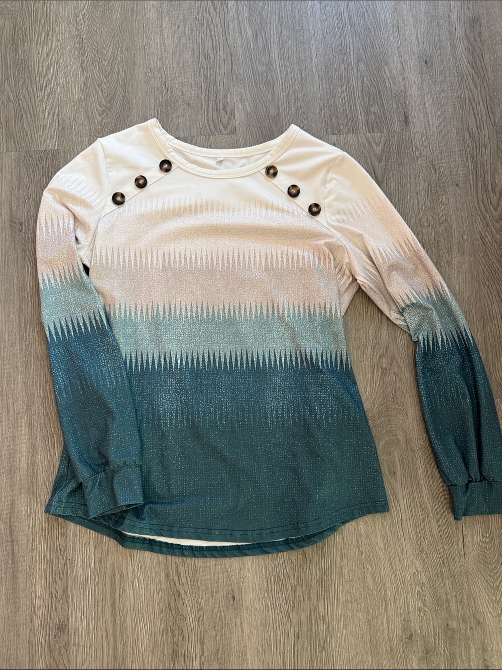 Ombre Teal White and Cream Long-Sleeve Top with Shoulder Button Detail